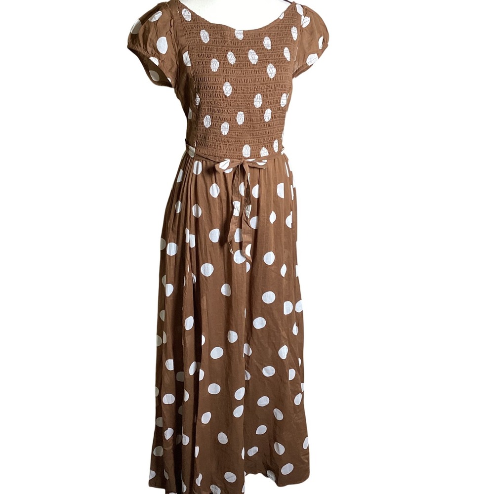 Free People Brown White Polka Dot Smocked Open Back Maxi Dress OB1338661 Medium